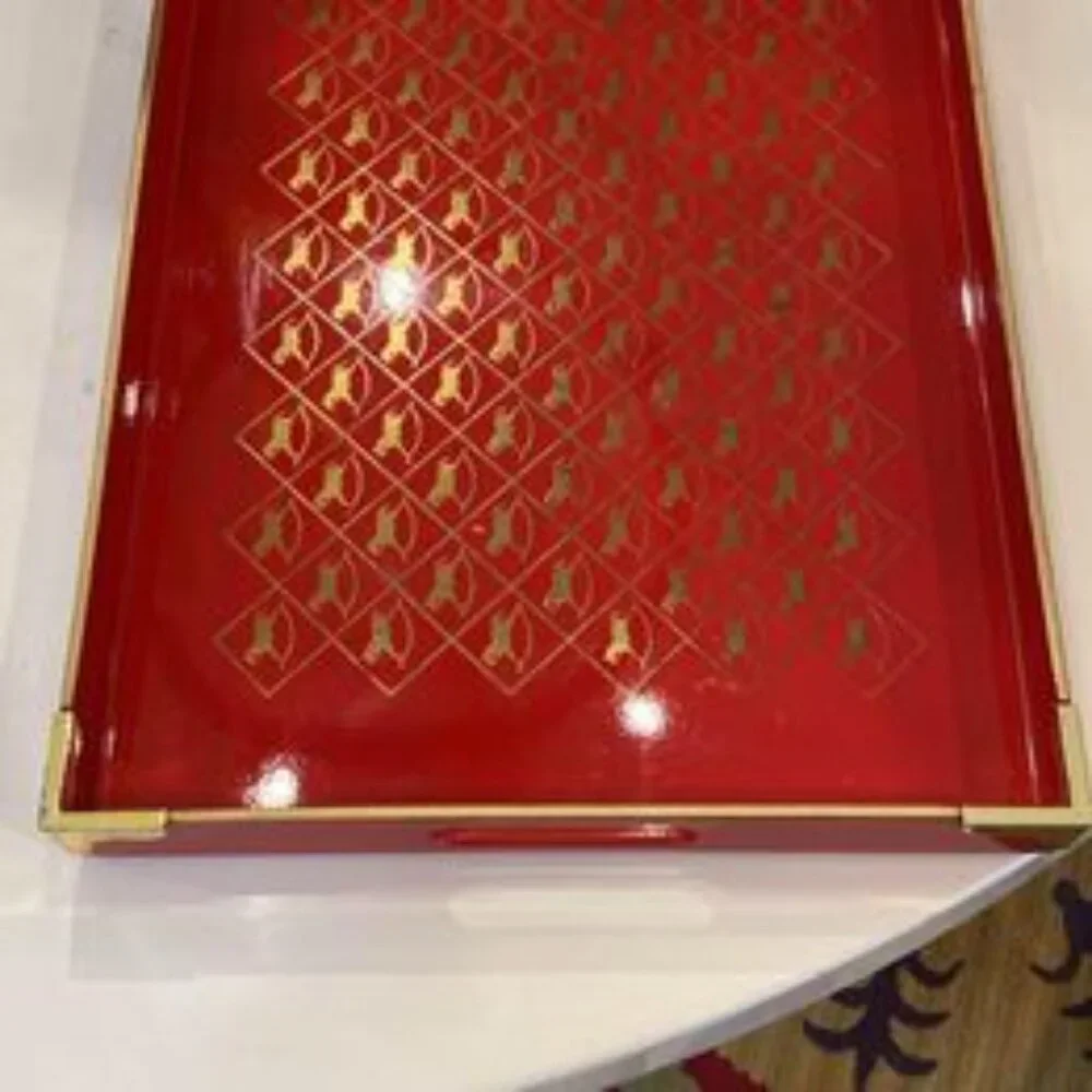 Otagirl Lacquerware Serving Tray.  Red w/Gold‎ Rocking Horses.  Gold Trim